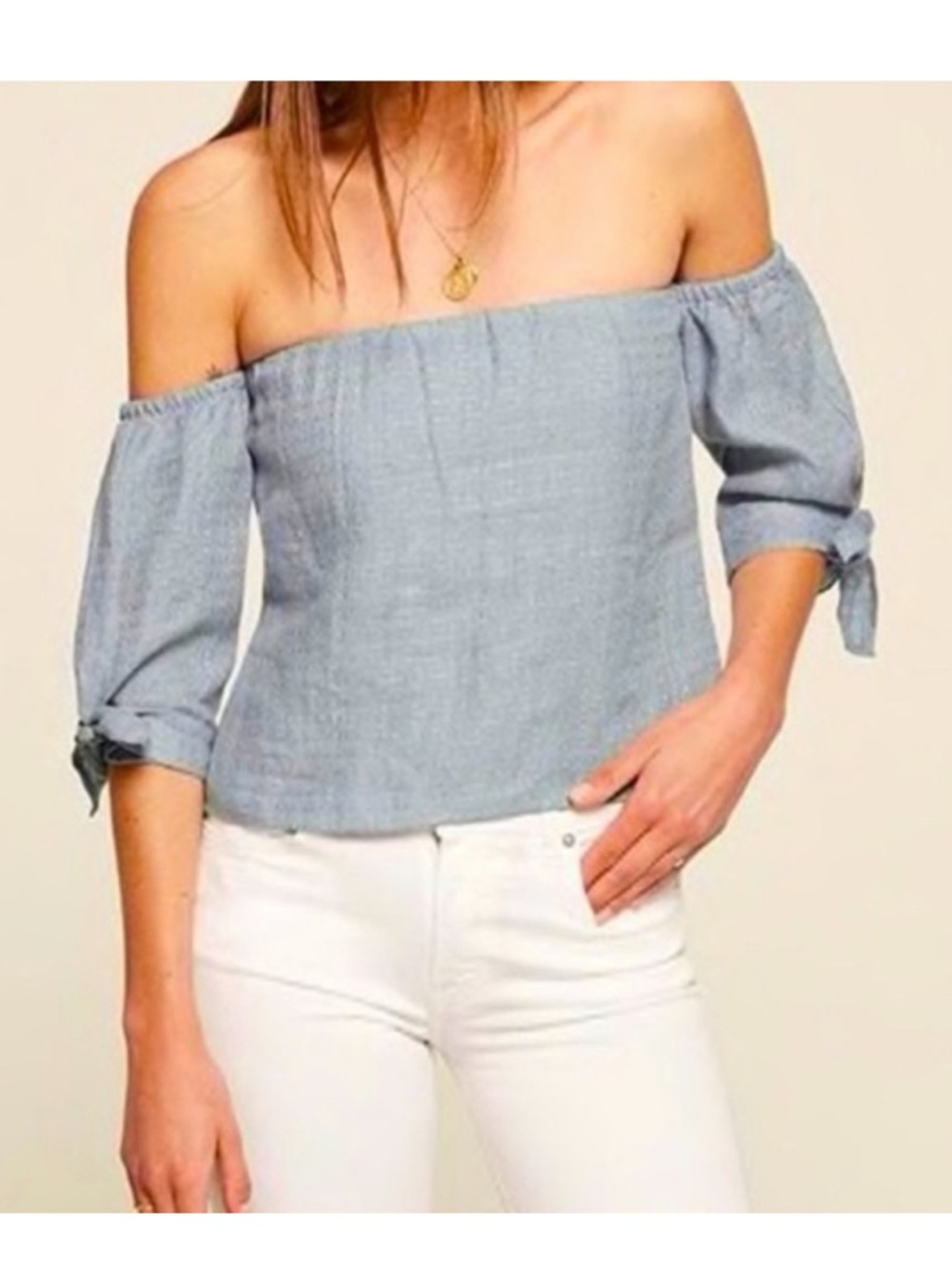 Reformation Olympia Top blue chambray off the shoulder bow